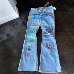 Von Dutch Women's Light Blue Flare Jeans with Colorful Graphics